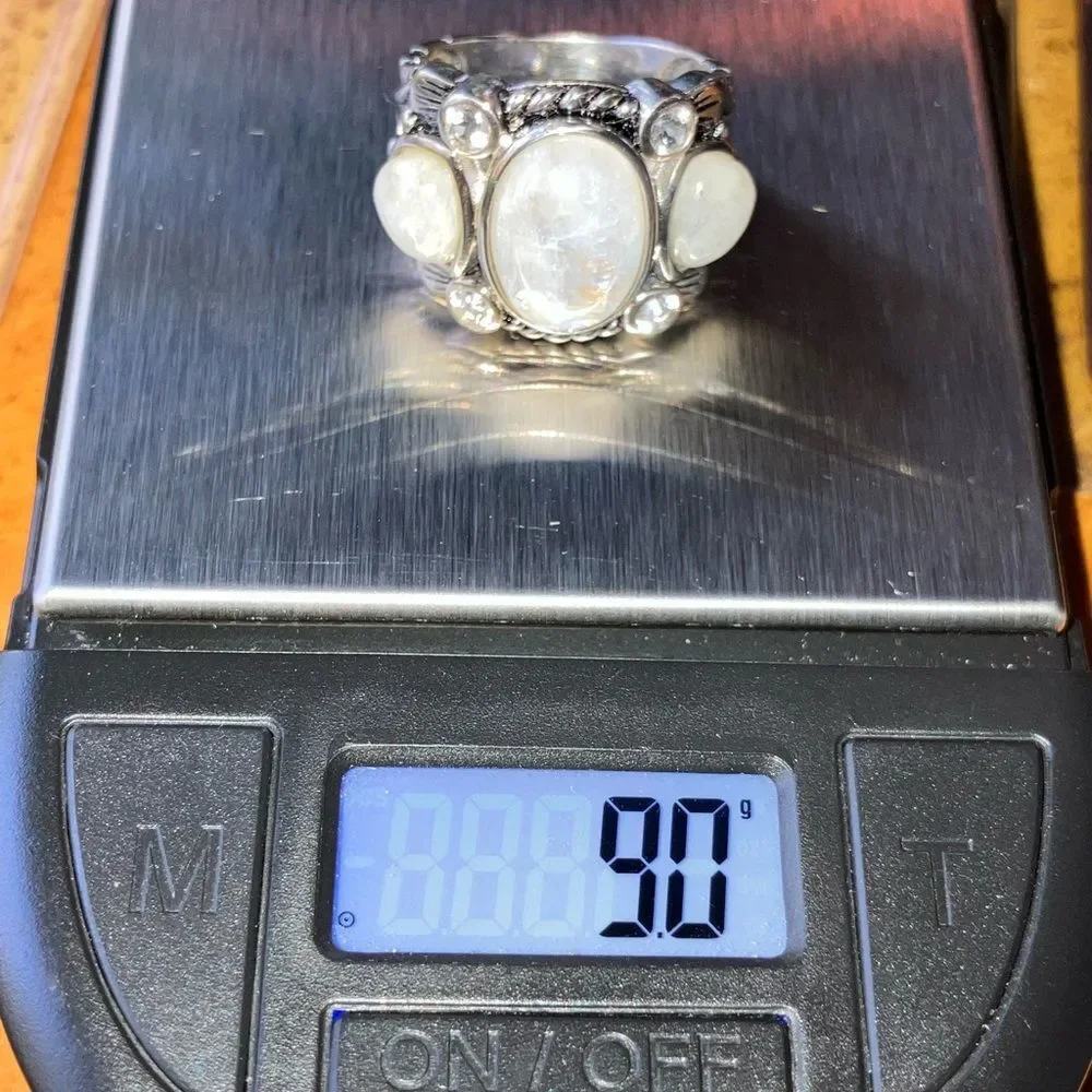 Natural Rainbow Moonstone White Topaz Sterling Silver Ring Size 7